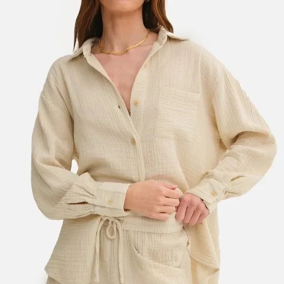 MATE The Label 100% Organic Cotton Gauze Button Down Shirt NATURAL SZ S‎ NWT - Picture 5 of 11